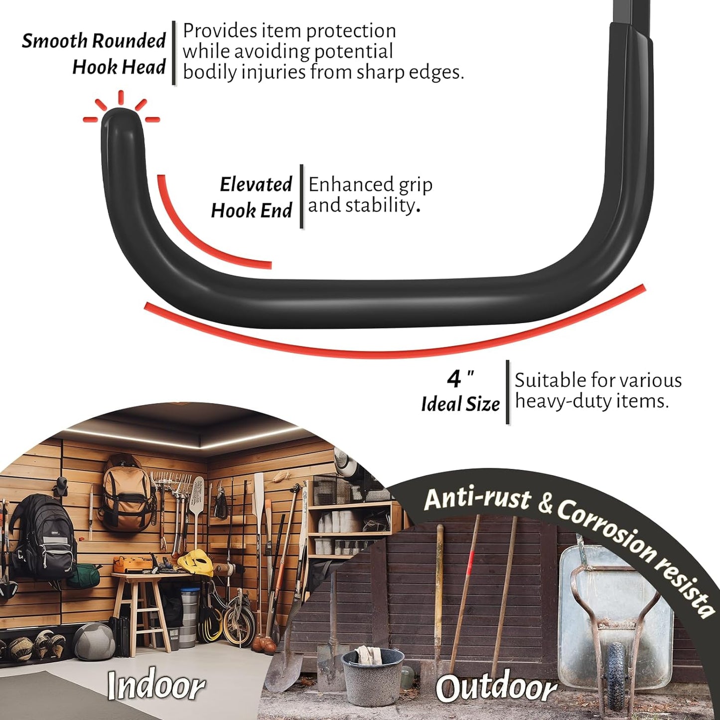 Garage Hooks 4 Inch, 6 Pack Heavy Duty Wall Hooks for Hanging, Ladder Hangers for Garage Wall Mount, Steel J Utility Garden Hose Holder Tool Organizers and Storage(55lbs)