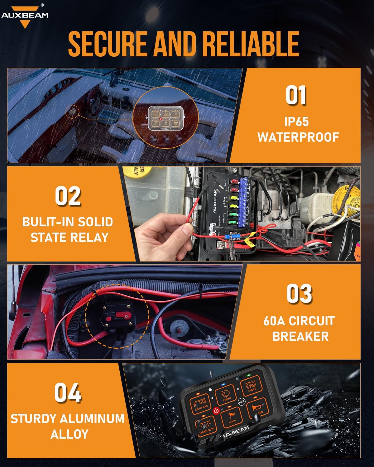 Auxbeam 6 Gang Switch Panel Bluetooth RGB AR-600 with Toggle Momentary Pulsed Modes Multifunctional Switch pod with Manual and Automatic Backlit Control Boat Switch Panel for Truck Car ATV Waterproof