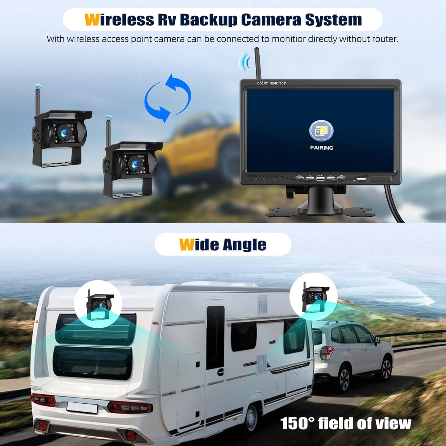 Wireless Vehicle Backup Camera System,7 Inch Reverse Camera Monitor for 2 Backup Cameras with IP69 Waterproof Night Vision Backup Camera Front Rear View Camera for Truck/RV/Van/SUV/Pickup