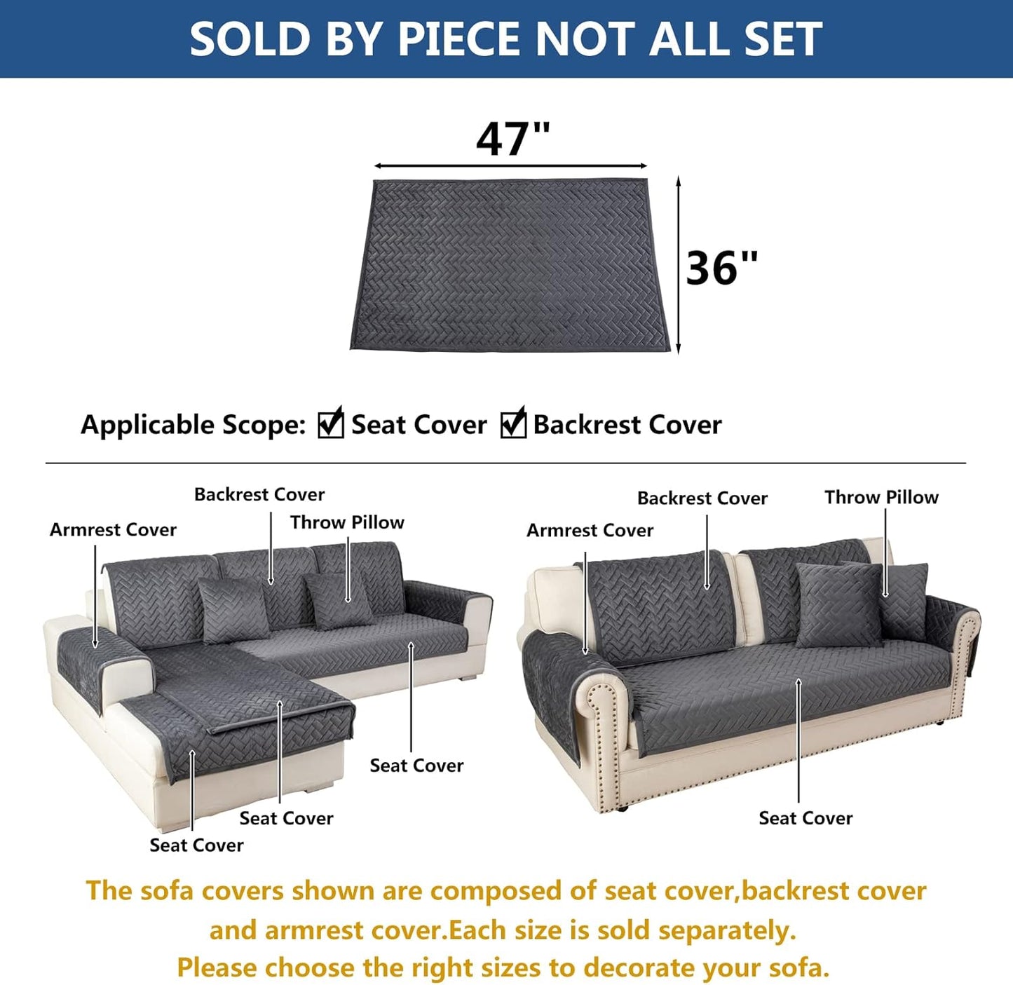 Eismodra Couch Cover,Sectional Couch Covers,Sofa Covers for 3 Cushion Couch,Anti-Slip Sofa Slipcovers for Dogs Cats Kids Loveseat Recliner L Shaped Armrest Backrest,Dark Gray 36''x47''(Only 1 Piece)