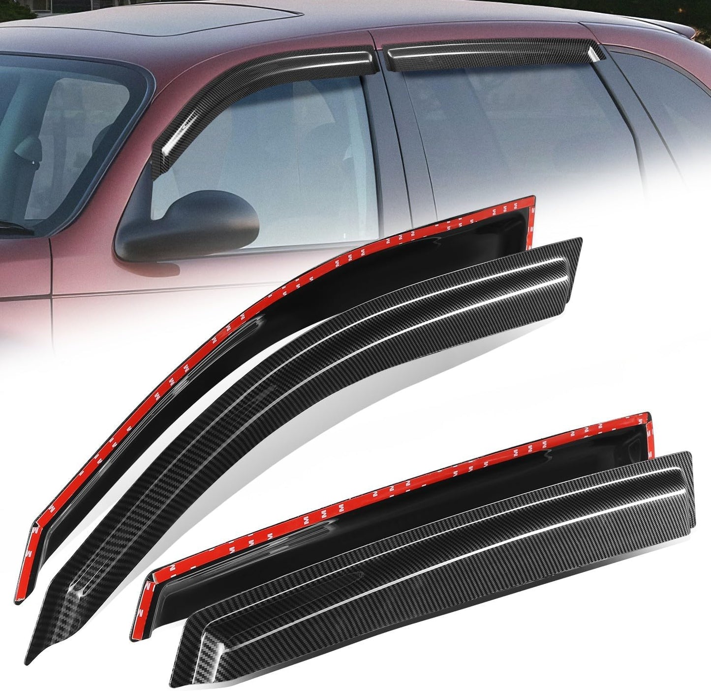 Auto Dynasty 4Pcs Carbon Fiber Pattern Window Visors Compatible with 2001-2010 Chrysler PT Cruiser, Tape-On Front & Rear Window Deflectors Rain Guards Side Vent Shade, Exc Convertible, Glossy Black