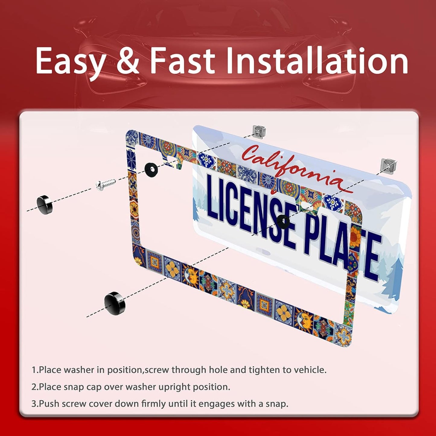 Personalise Mexican Tiles License Plate Frames Mandala Boho License Plate Frame Car Universal Stainless Steel Accessories Cars Decorative 2 Holes Screws Fits Standard US Vehicles Size 12.2 x 6 Inches