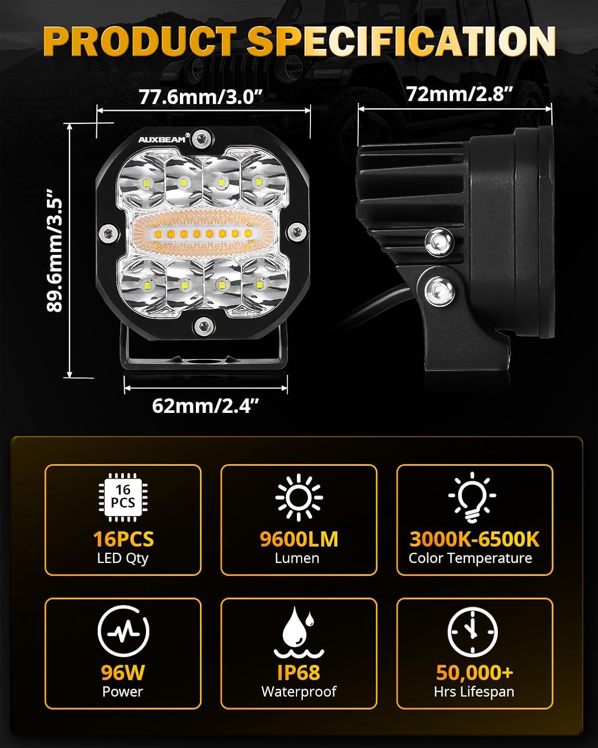 Auxbeam 3 Inch 96W Amber White LED Light Pods XP-Ultra Series 6 Modes Dual Color Fog Light Cube Spot Flood Combo Strobe Lights Driving Offroad Ditch Lights for Truck Jeep, Pair