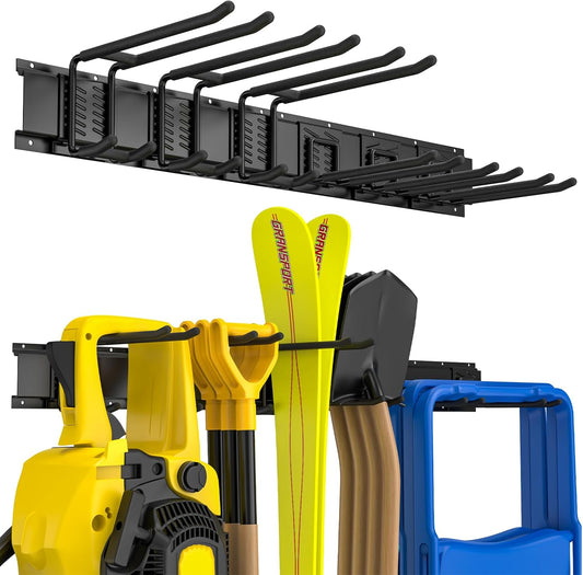 48 Inches Garage Storage, Garage Organization, Wall Mount Garden Tool Organizer, 480 lbs Capacity, Adjustable Metal Hanging Hooks for Shovel Rake Broom Ladder