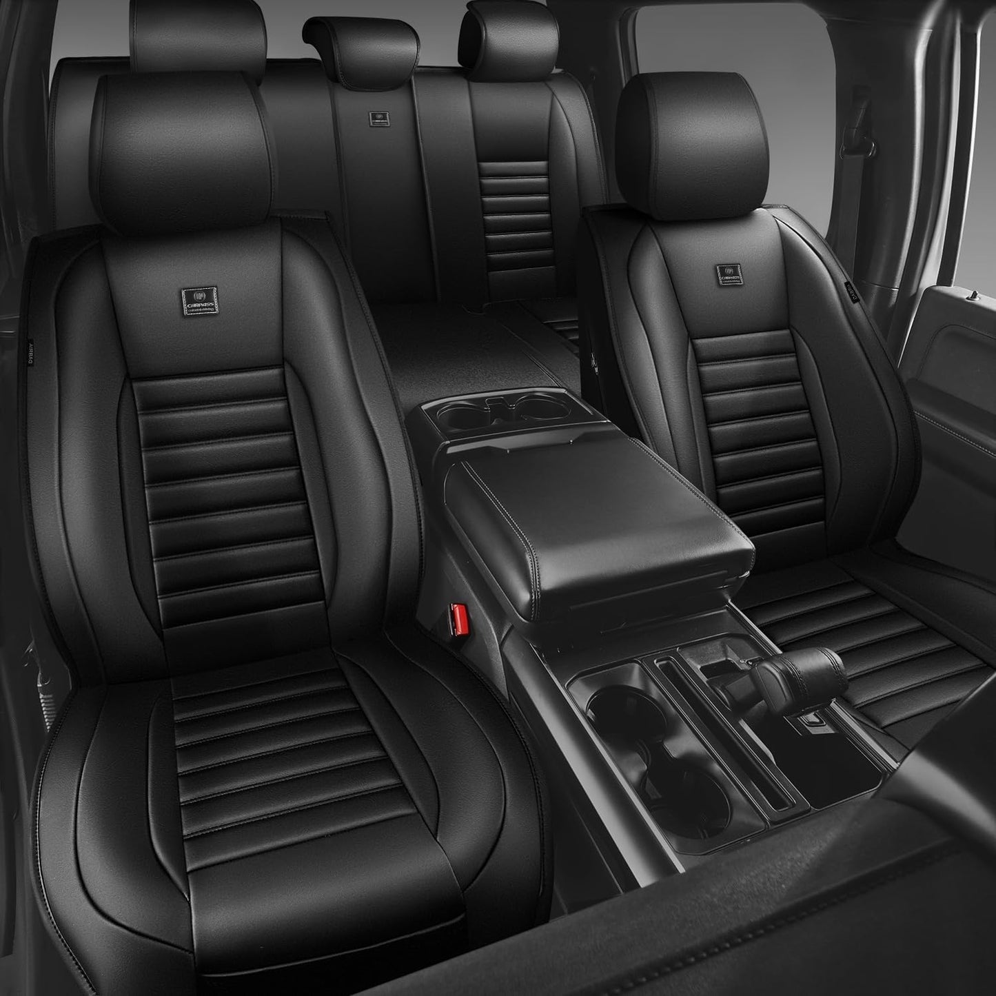 CAR PASS Nappa Leather Car Seat Covers Full Set, Luxury Seat Protector for Cars, Waterproof Anti-Slip Car Seat Cushion Armrest Compatible Airbag Universal for Sedan SUV Pick-up Truck Automotive, Black
