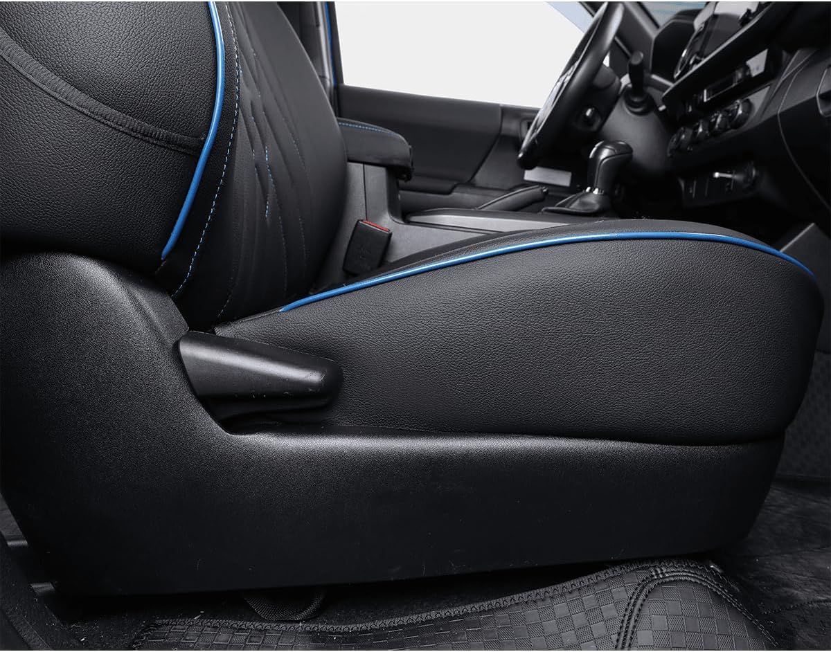 EKR Custom Fit Tacoma Front Row Leather Car Seat Covers for Toyota Tacoma 2012 2013 2014 2015 (Regular Seats) -Front Row Only, Leather (Black with Blue Trim)