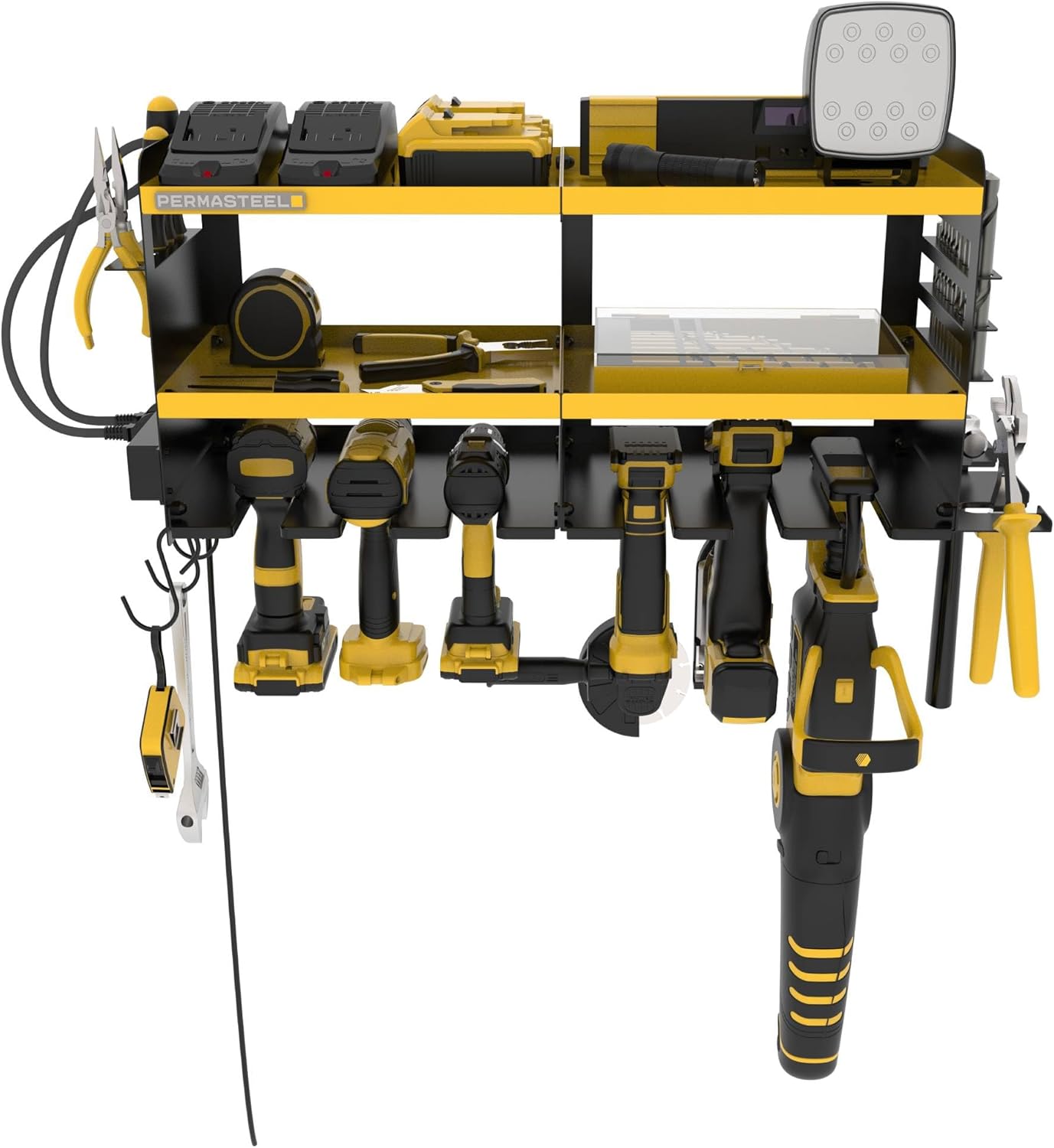 Permasteel Power Tool Organizer Wall Mount - 150 Lbs Load 3-Layer Heavy Duty Metal Storage Rack with Charging Station, Holds 6 Drills, 9 Hand Tools and 16 drill bits for Garage and Workshop, Yellow