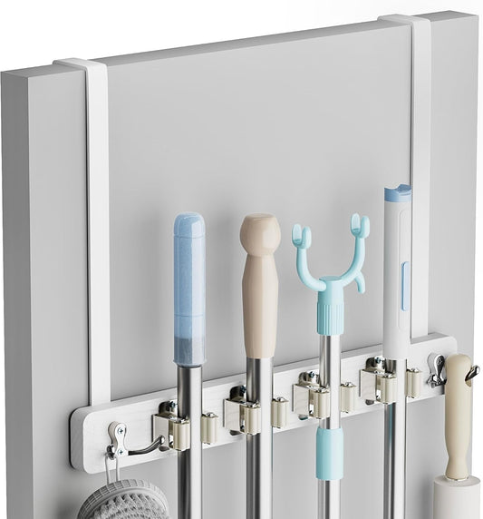 Lorbro Broom Holder Door Mount, Over the Door Broom and Mop Holder with 2 Over Door Hooks, Wood Broom Hanger, Tool Rack Organizer for Laundry, Garage, Closet, Kitchen Decor, 4 Slots & 4 Hooks Rustic