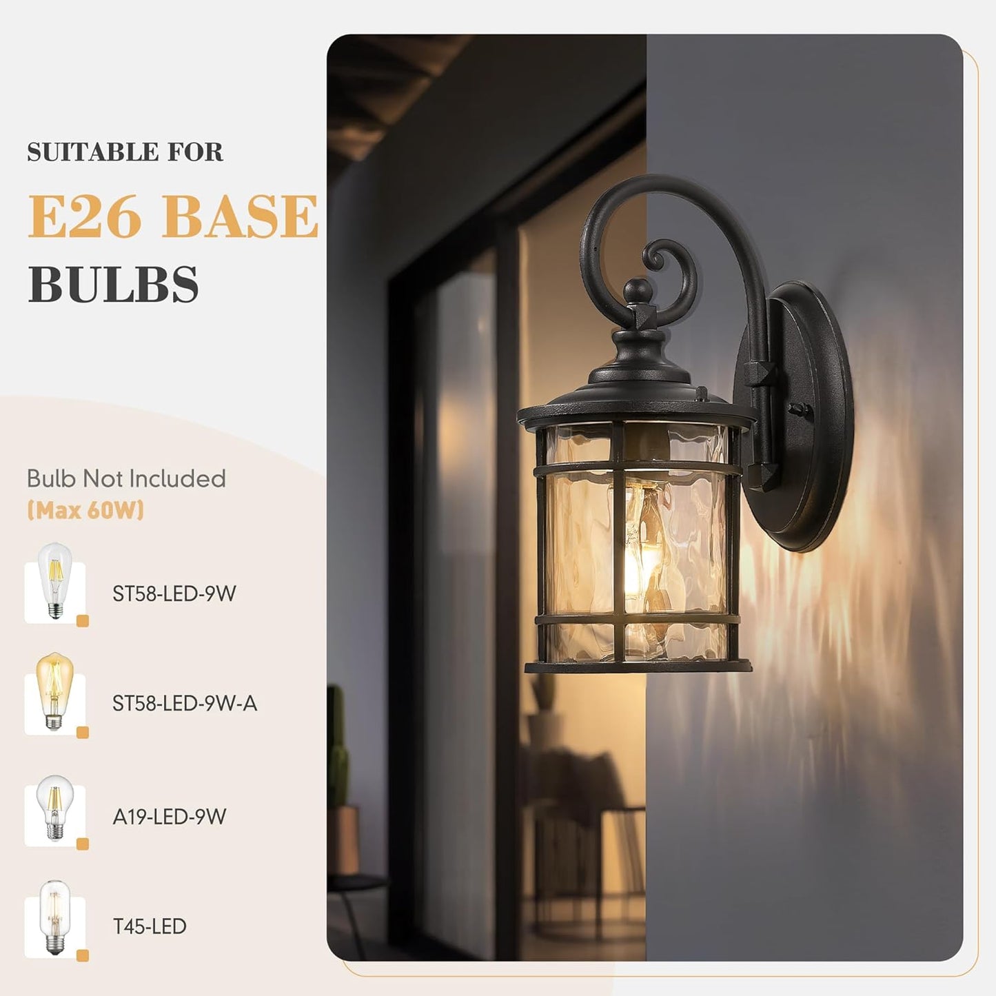 Emliviar Outdoor Wall Sconces 2 Pack, 12.4 Inch Outdoor Front Porch Lights with Water Ripple Glass in Black Finish, XE229BWG-S-2PK BK