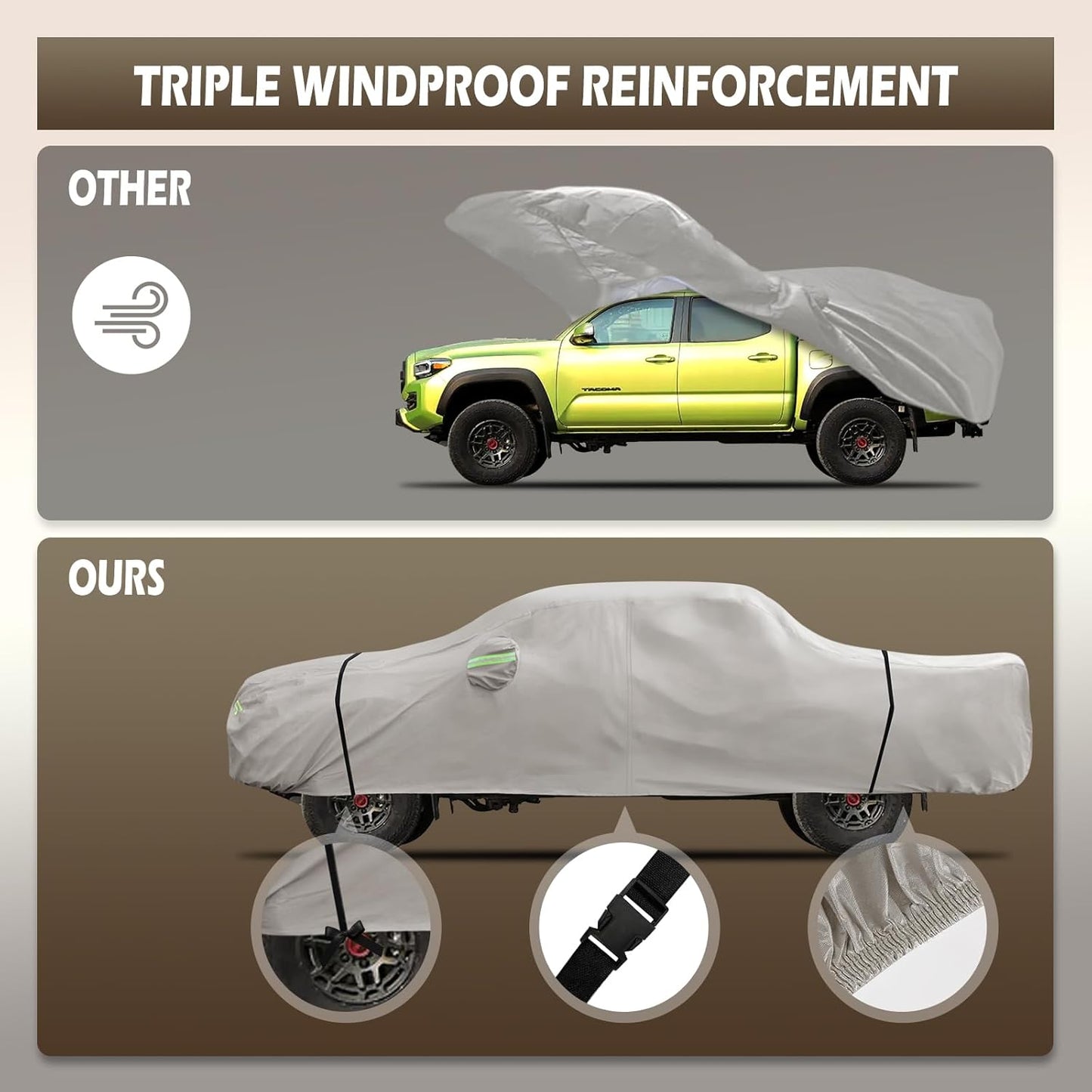 Migaven 6 Layers Car Cover Custom Fit for Toyota Tacoma 2005-2025, Waterproof Full Exterior Cover Rain Sun Protection with Door Zipper, Khaki