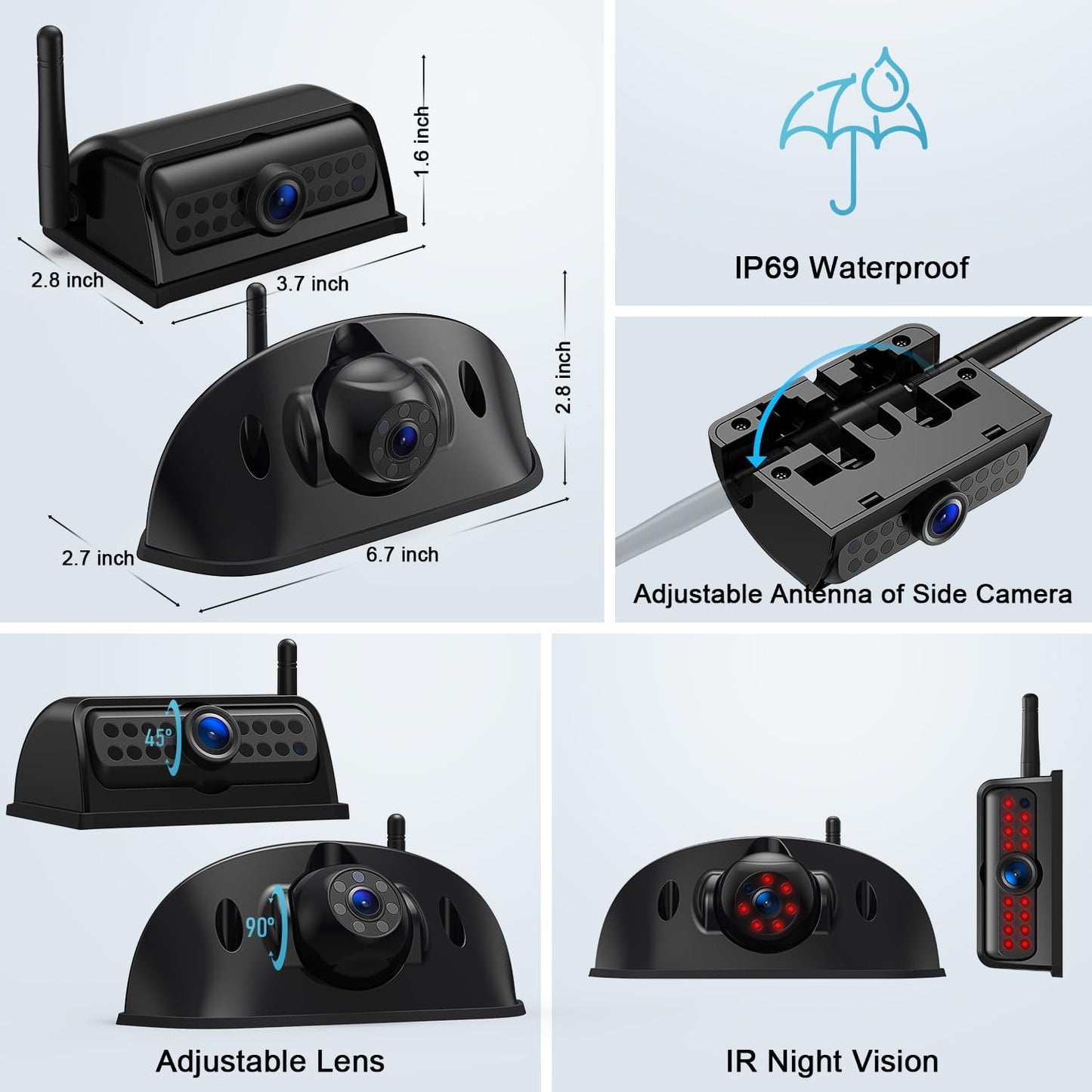 Fookoo HD Wireless RV Backup Cameras System, 7" Split-Screen Monitor, 1 Rear View + 2 Side Cameras, IR Night Vision Recording Waterproof Compatible with Furrion Pre-Wired RV Truck Trailer - DW7Y503