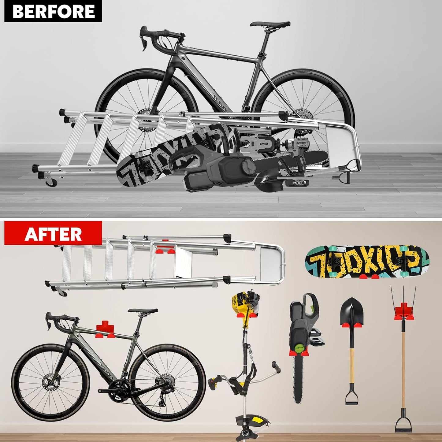 Garage Organization Weedeater Hanger Garage Organizer Trimmer Rack, Wall Mount Garden Tool Organizer Heavy Duty Tool Hangers for Hedge Trimmer, Chainsaw and Leaf Blower (2 Pack, Red)