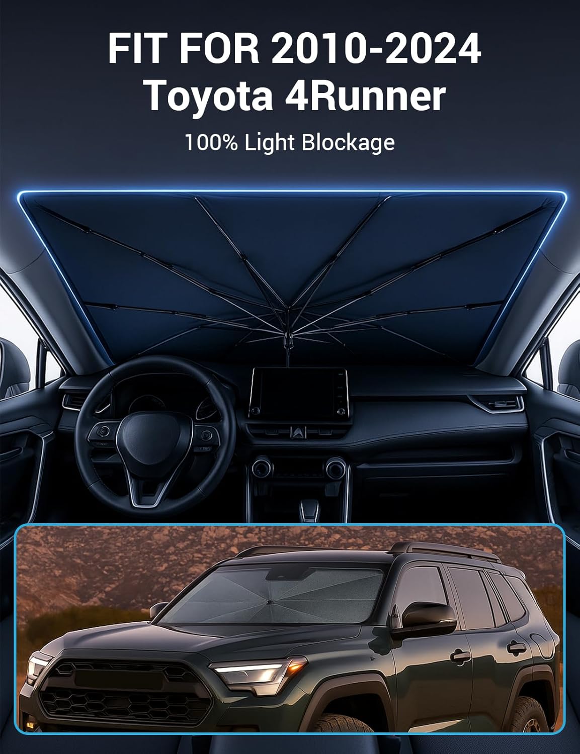 Proadsy Windshield Sun Shade Umbrella for Toyota 4Runner 2010-2024 Foldable Car Umbrella Sunshade with Soft TPU Handle Spring Structure Crystal Cooling Material Protect Car from Rays & Heat