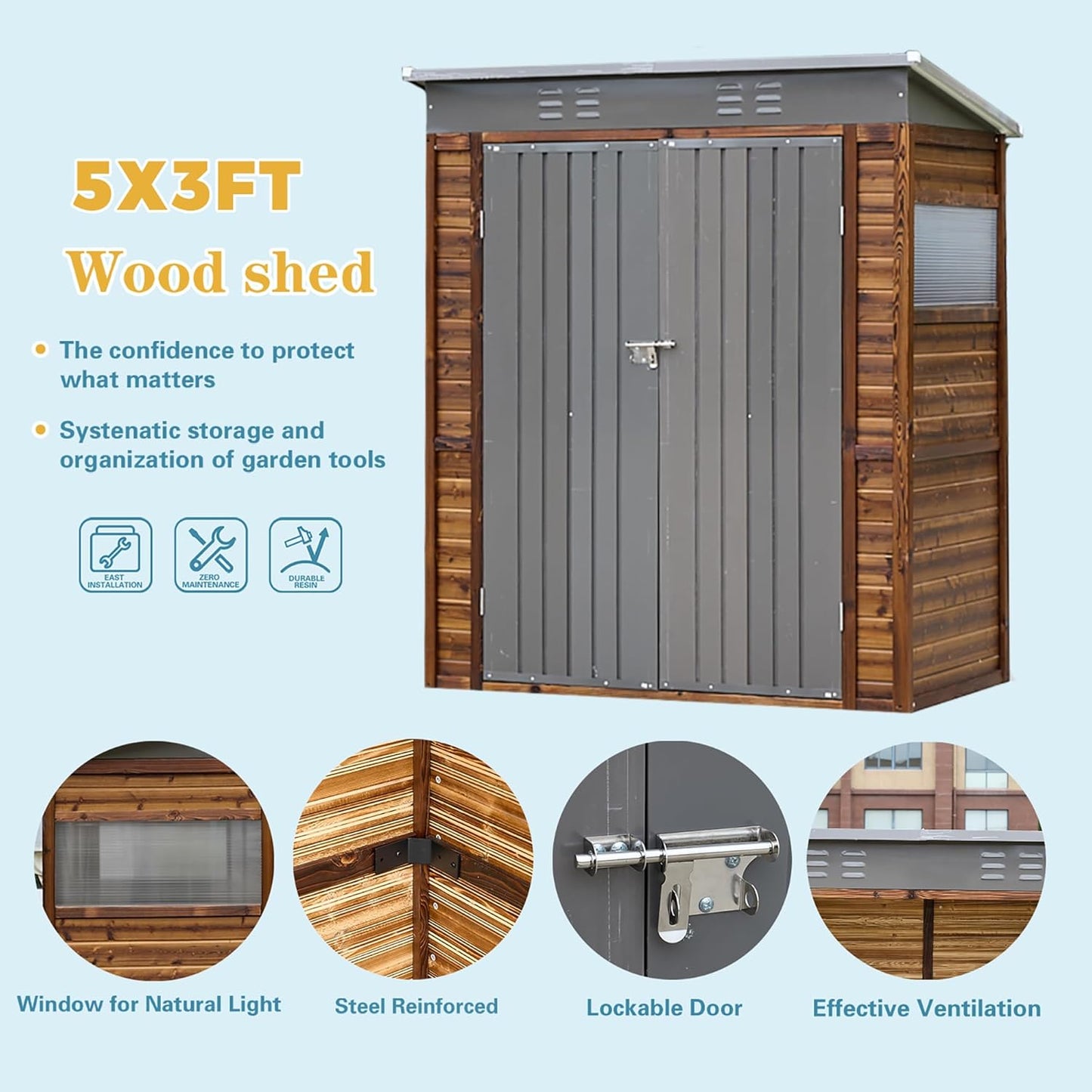 MyVoice 3x5 FT Wooden Outdoor Storage Shed with 4 Vents & 2 Adjustable Windows, DIY Cedar Tool Shed Kit, Garden Bike Firewood Storage, Waterproof Backyard Outdoor Shed for Patio, Lawn, Yard & Garage