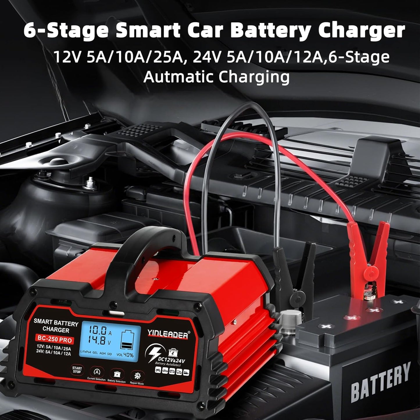 Battery Charger 25A, 12V/24V Lead Acid Smart Battery Charger, 12V LiFePO4 Car Battery Trickle Charger, Automatic Battery Maintainer for Car Motorcycle Lawn Mower Marine Boat Lead Acid Batteries