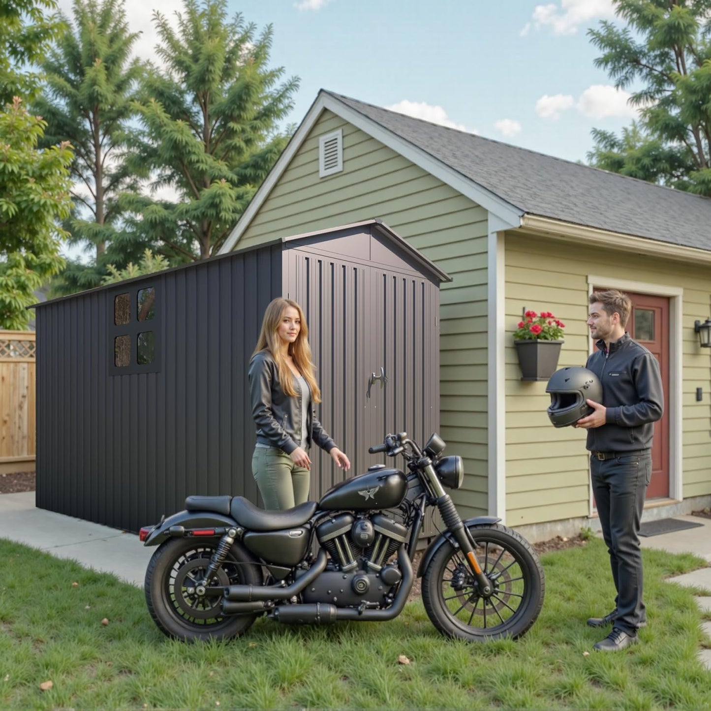 5’ x 10’ Motorcycle Storage Sheds, Metal Shelter & Garage with Windows and Lockable Door Handle, Heavy Duty Vehicle Shed for All Weather, Anthracite