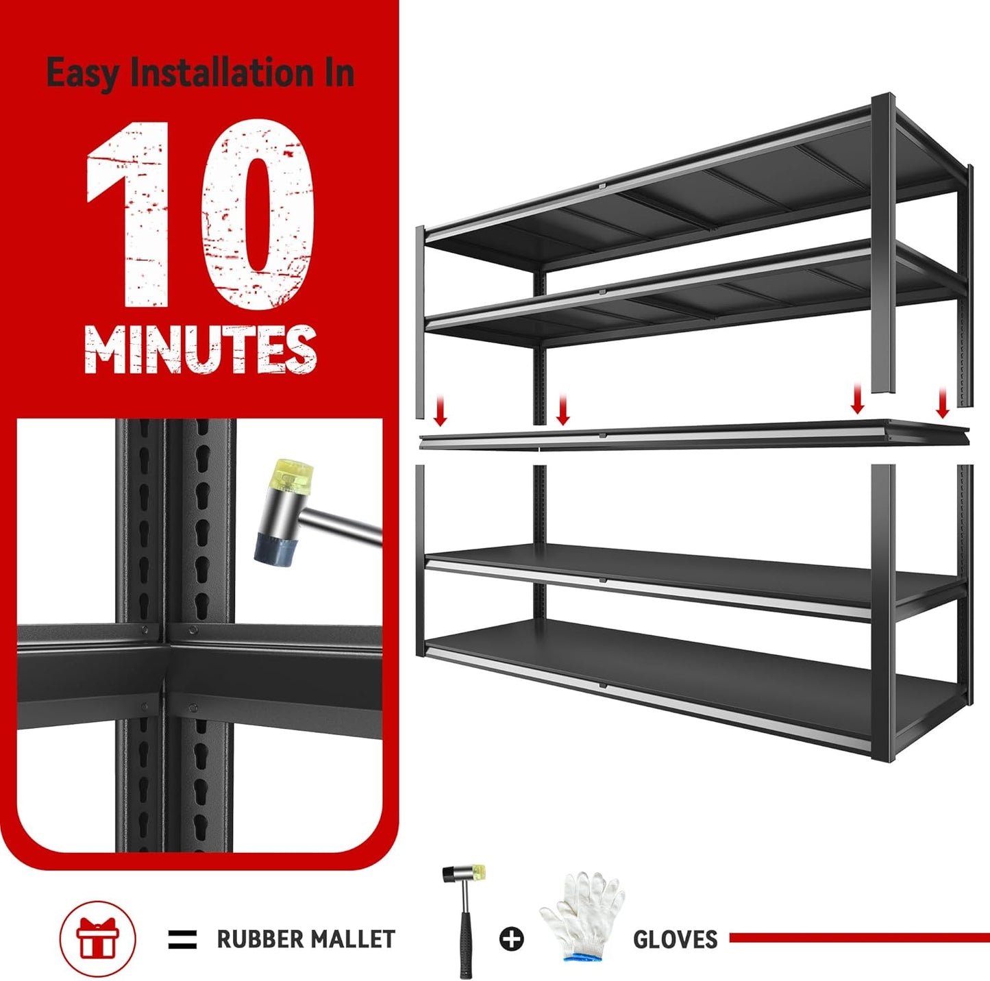 REIBII 78" H Storage Shelves, Garage Shelving Heavy Duty Load 3000LBS, Adjustable Garage Shelving, 5 Tier Metal Shelves Unit for Storage Rack, Basement, 55" W x 26" D x 78" H, Black, 3 Pack