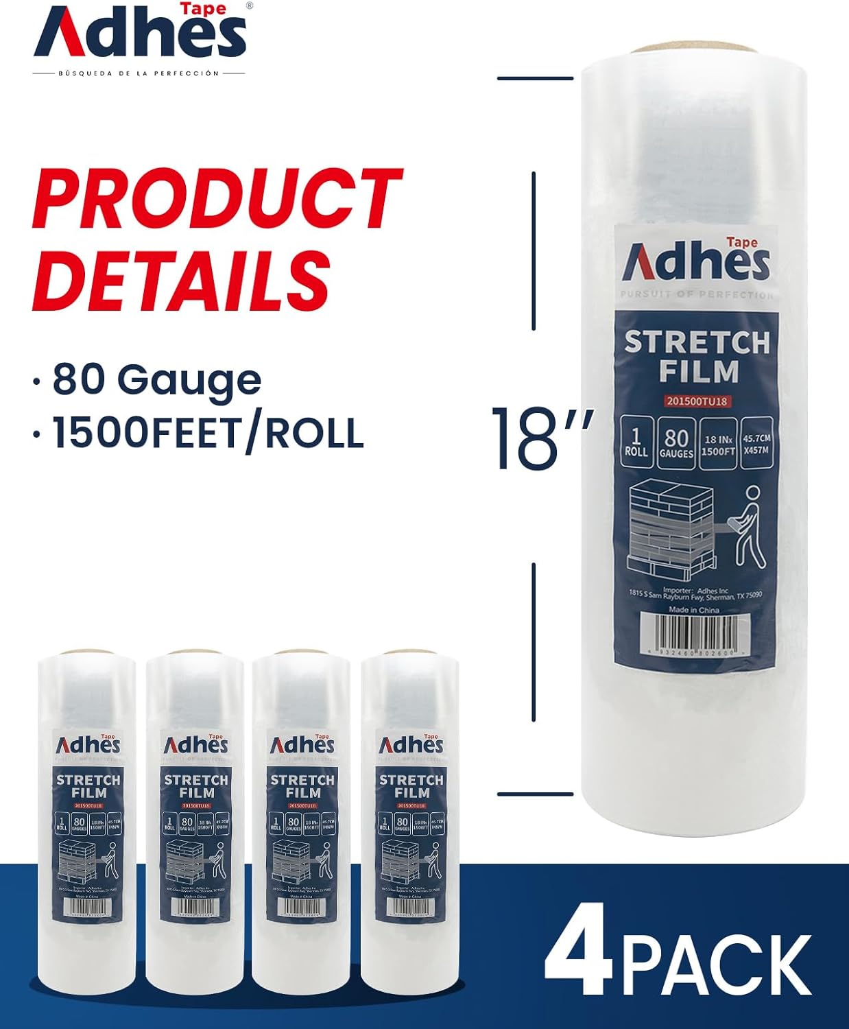 ADHES Heavy Duty Shrink Wrap Roll, 18 Inch x 1500 Feet, 4-Pack Stretch Wrap Stretch Film, 80 Gauge Industrial Strength Plastic Moving Rrap for Pallet Wrap, Furniture Wrapping Moving & Protection