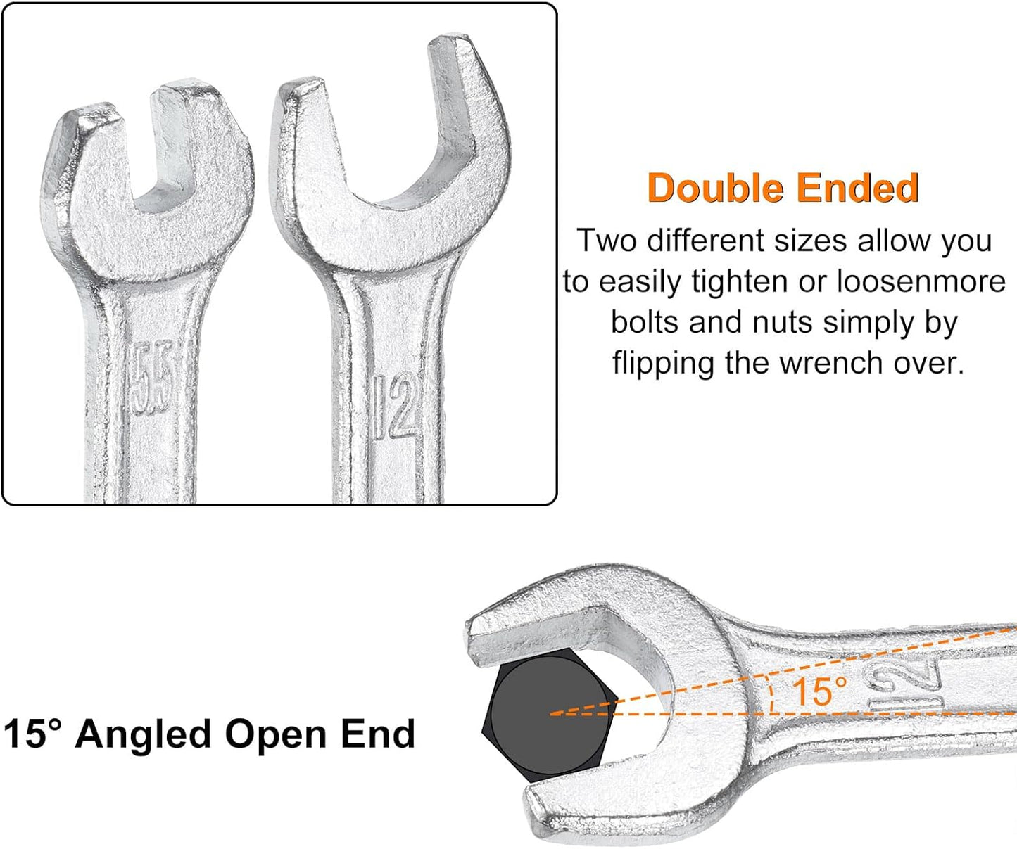 HARFINGTON Double Open End Wrench 14mm x 15mm Metric 15 Degree Offset Angle Small Flat Head Wrench Galvanizing Open Ended Spanner for Automotive Repair Furniture Assembly