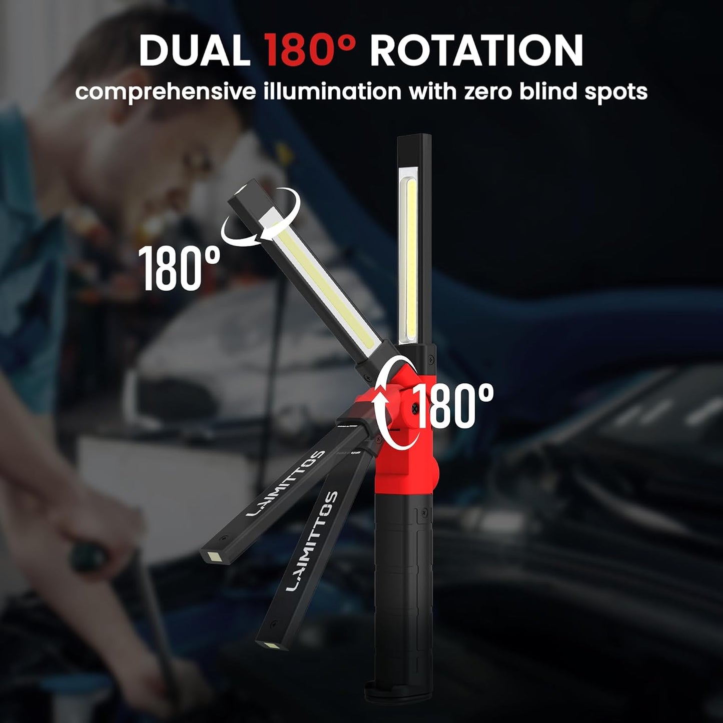 Rechargeable Work Light 2200mAh Magnetic LED Work Light Flashlight Mechanic Light Tool Gifts for Men Him, Foldable Lamp with Hook for Car Repair Emergency BBQ Grill (2 Pack)