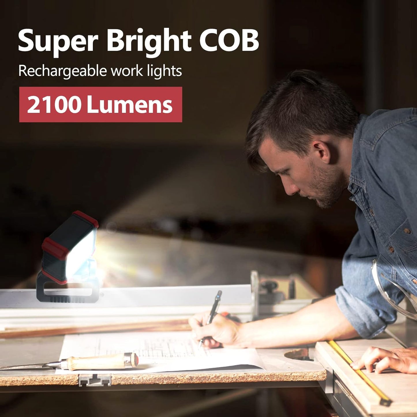 LED Rechargeable Work Light with Clamp, 2100LM Super Bright COB Magnetic Work Light with 3 Light Modes, 270° & 180° Rotation, Waterproof, Perfect for BBQ, Jobsite, Workshop, Car Repairing