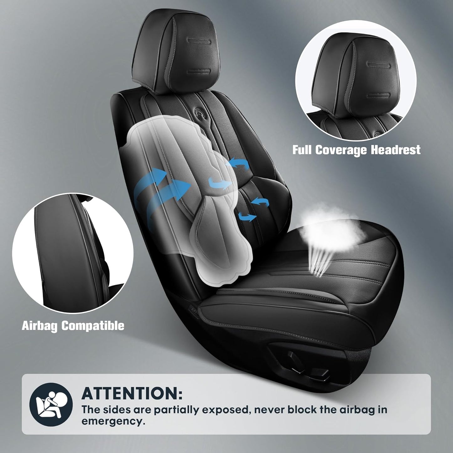 AOOG Front Seat Covers, Car Seat Covers Front Seats, Leather Seat Covers for Cars, Waterproof Seat Covers with Lumbar Support Universal Fit for Most Cars SUV Trucks(Front Pair, Black)