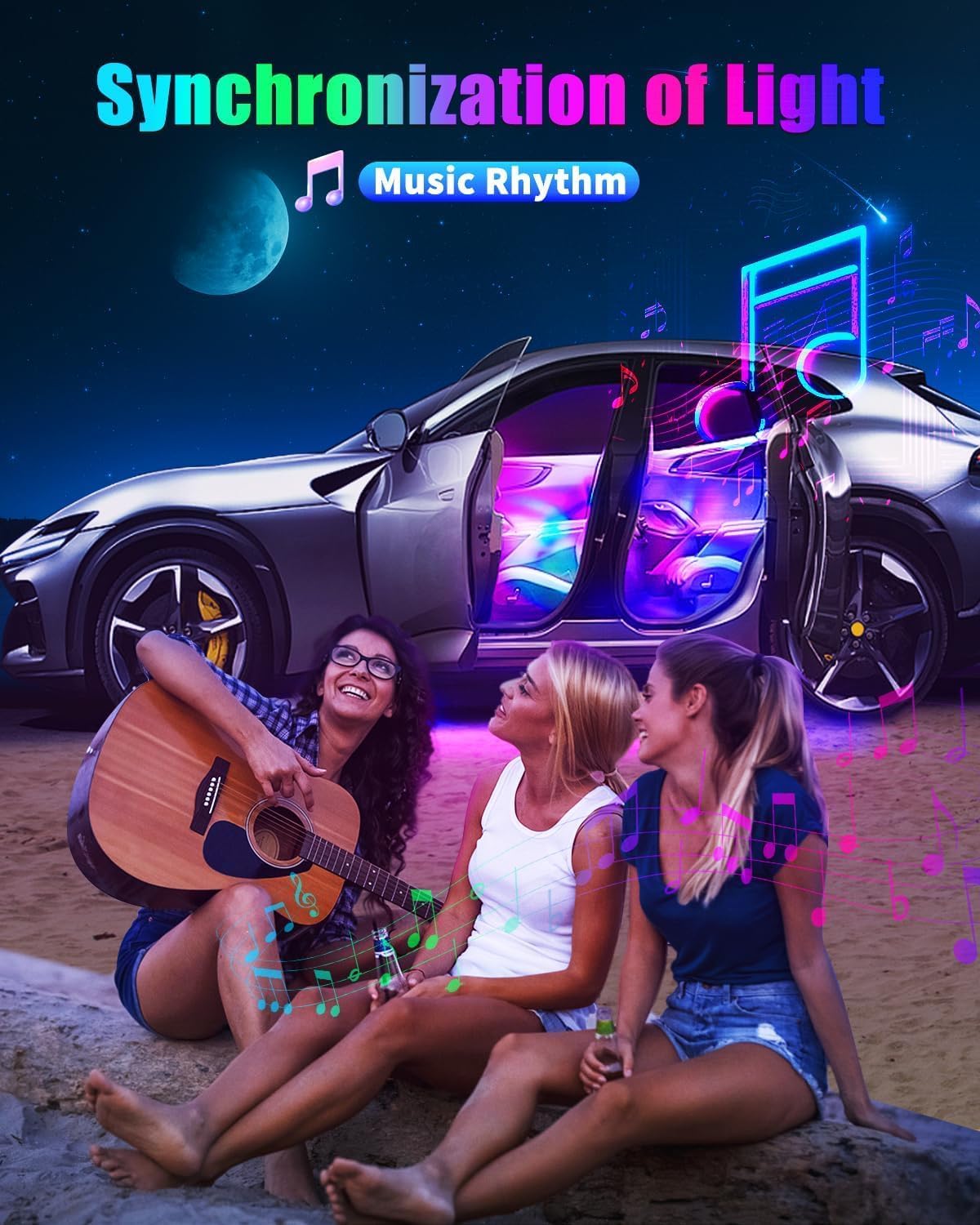 RGB Dream Color Interior Car Strip Lights with Smart APP Remote Control, DIY Mode and Music Mode, Multicolor Footwell Under Dash Chasing Inside Light Kits for Cars Truck ATV UTV with Car Charger