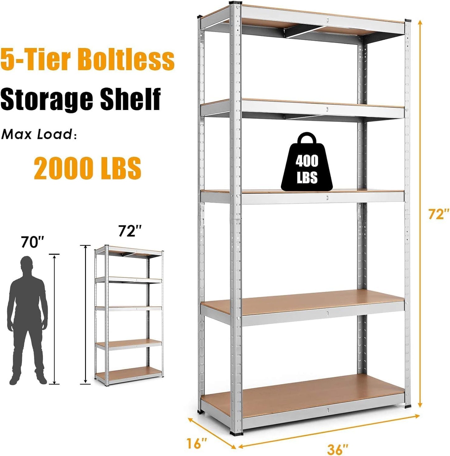 ERGOMASTER 5 Tier Utility Shelves Rack Garage Heavy Duty Steel Metal Shelving Unit with Adjustable Design, Bolt-Free Assembly & 385 LBS Wight Capacity Per Tier (1, Silver)