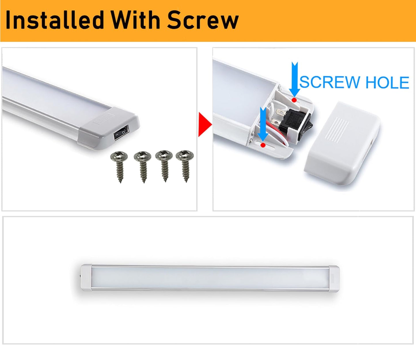 LED Interior Utility Light Fixture 30.3" x 2.6", High Lumen-Output Low Current Draw Energy Efficient, Frosted Lens 6000K Cool-White Even Diffused Beam, On/Off Rocker Switch 12V-24V DC, 1-Pack