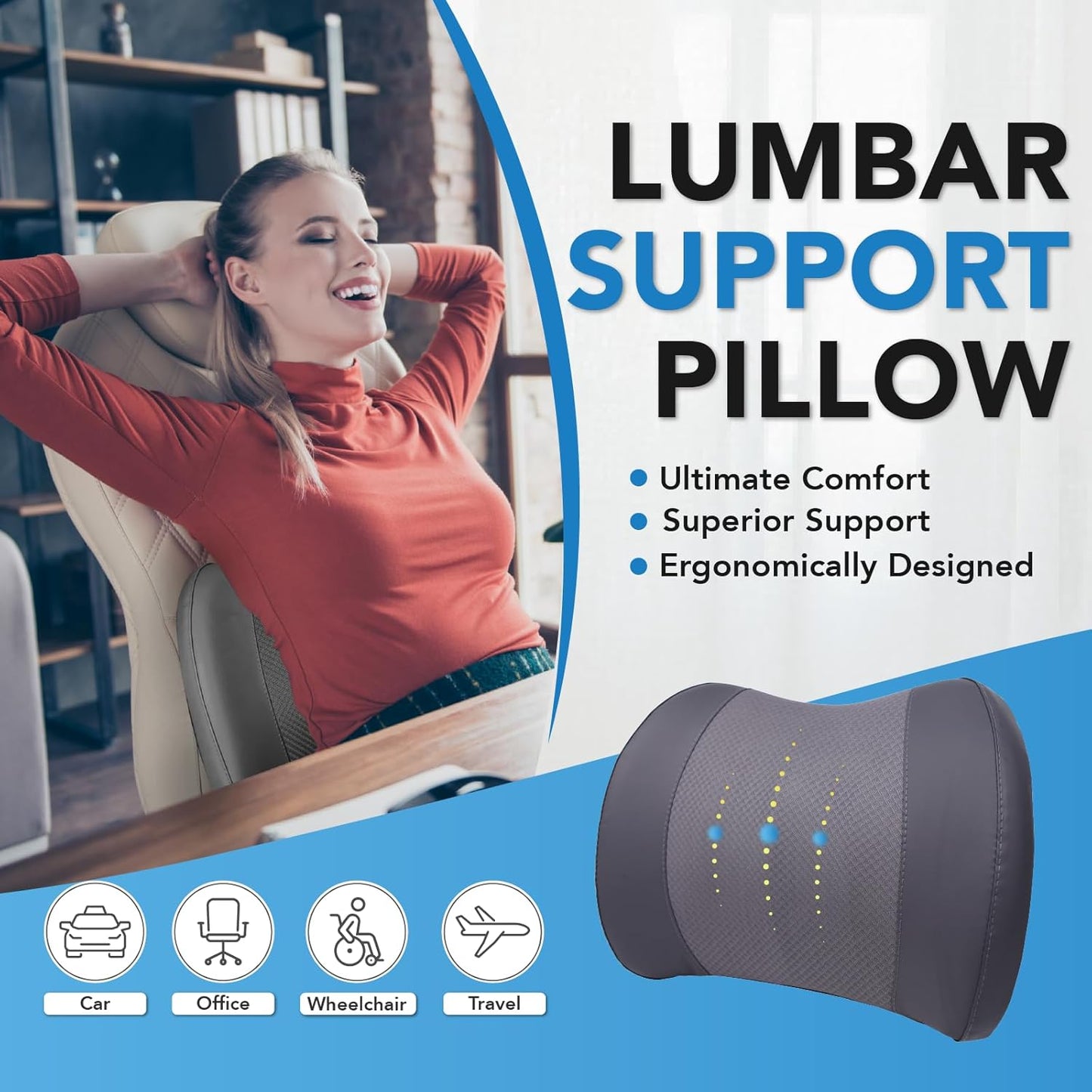 Lumbar Support Pillow for Car, Memory Foam Lumbar Pillow for Lower Back Pain Relief - Back Cushion for Driving, Chair Support for Car-Office Chair, Wheelchair - Dark Grey