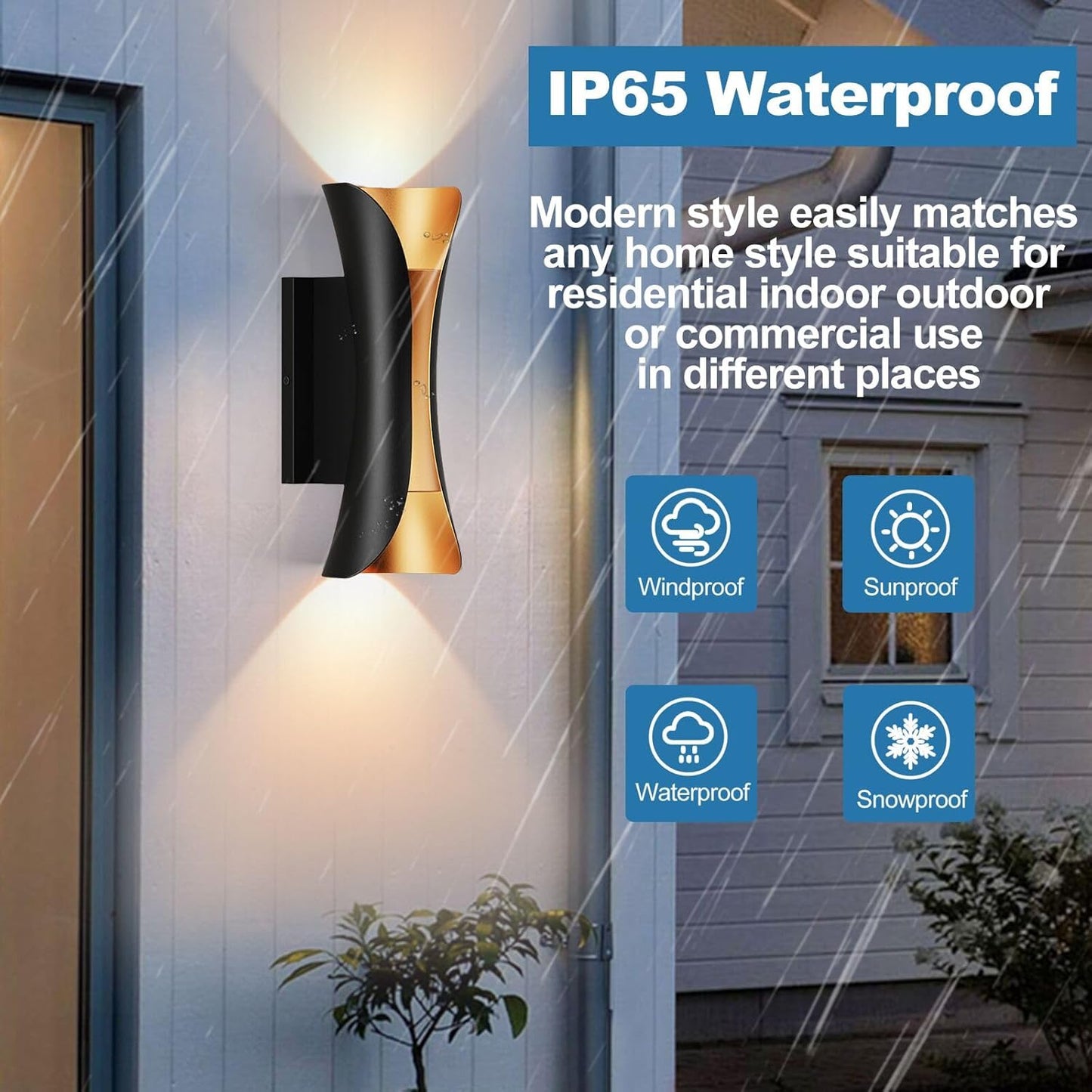 Modern 30W LED Outdoor Wall Lights Up Down Wall Sconce, Black Gold Aluminum Exterior Lighting, IP65 Waterproof Outdoor Light Fixture for Porch, Patio, Garage, Entryway