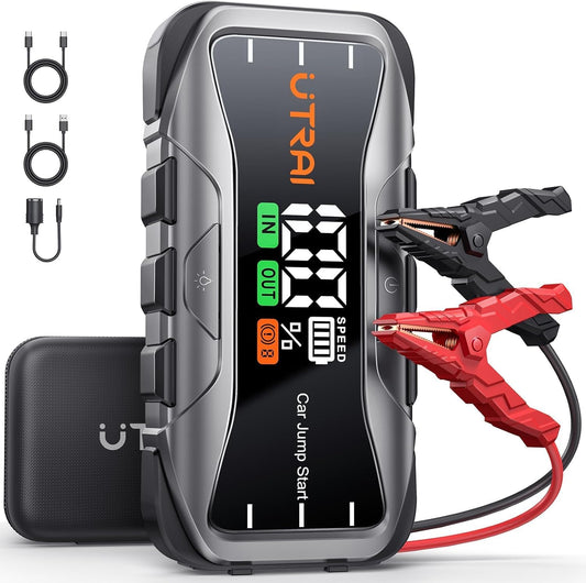 UTRAI 6000A Portable Jump Starter for Car, 12V Battery Jumper 27000mAh Jump Box for All Gas and 12L Diesel Engines, 65W Fast Charging Type-C Jump Pack, 2 USB Output, DC Output, 600LM LED Flashlight