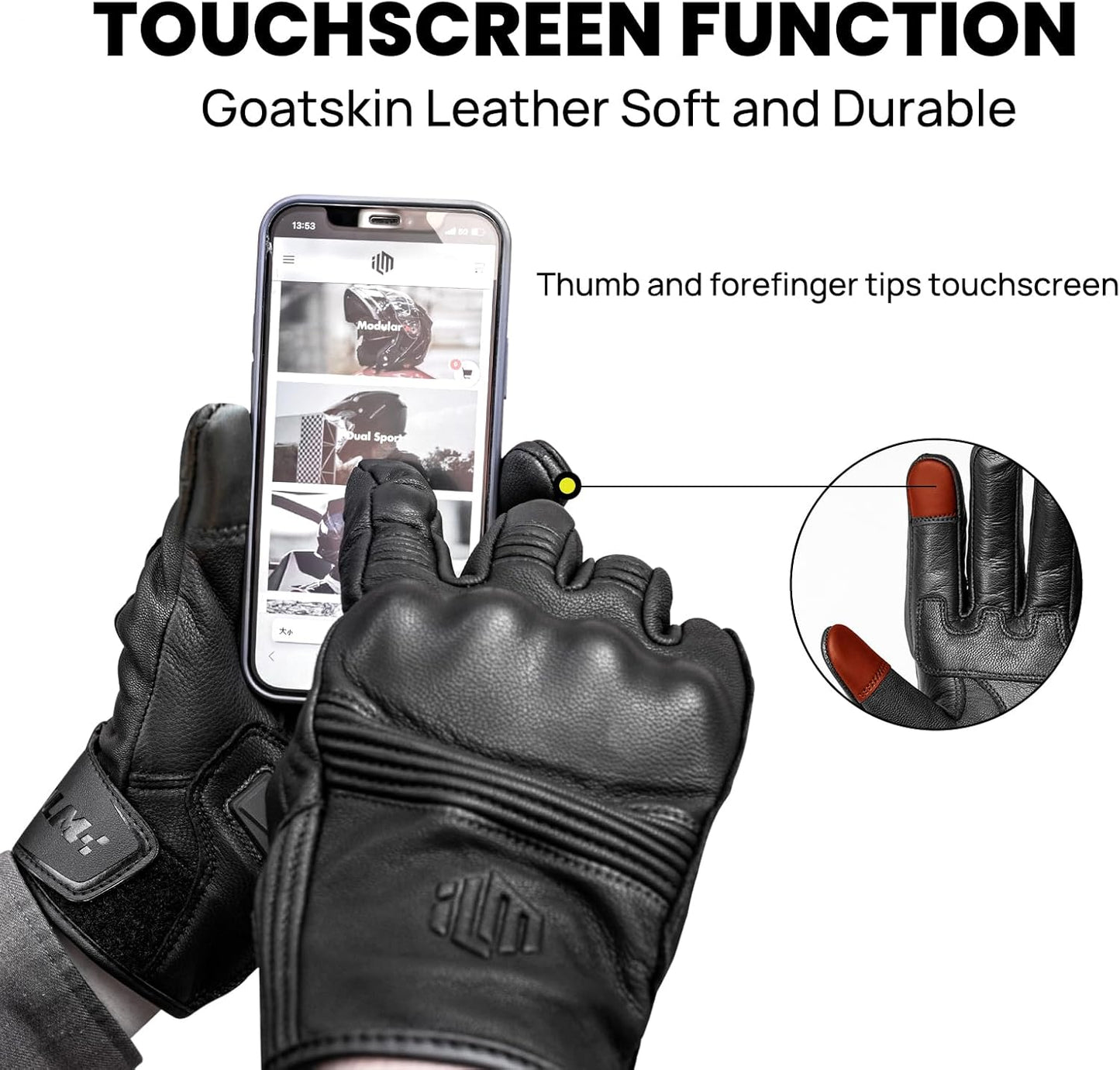 ILM Goatskin Leather Motorcycle Motorbike Powersports Racing Gloves Touchscreen for Men and Women Model DN01(L, Black Unperforated)
