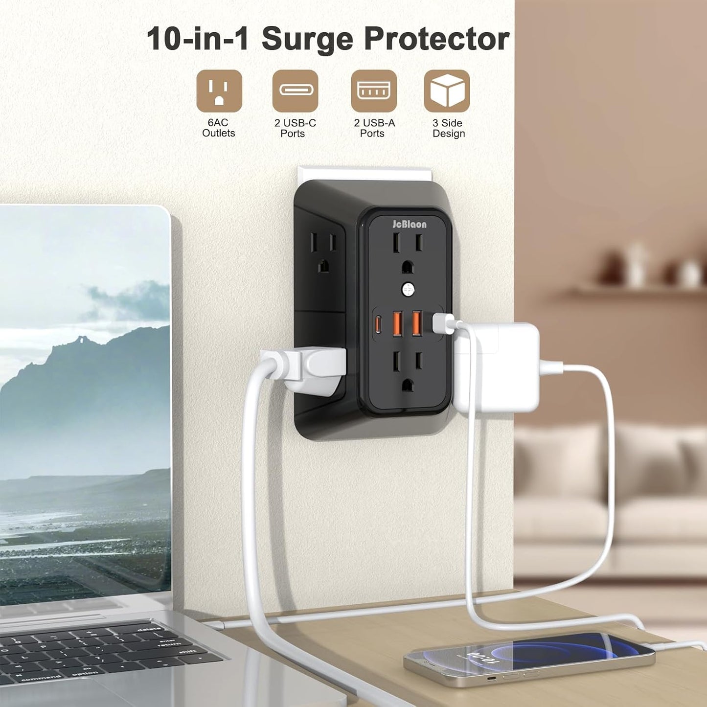 Outlet Extender Surge Protector - 6 Outlet Splitter with 4 USB Ports (2 USB C), Multiple Plug Expander Wall Charger, 3 Sided Multi Plug Wall Adapter Power Strip for Home Office Kitchen Travel