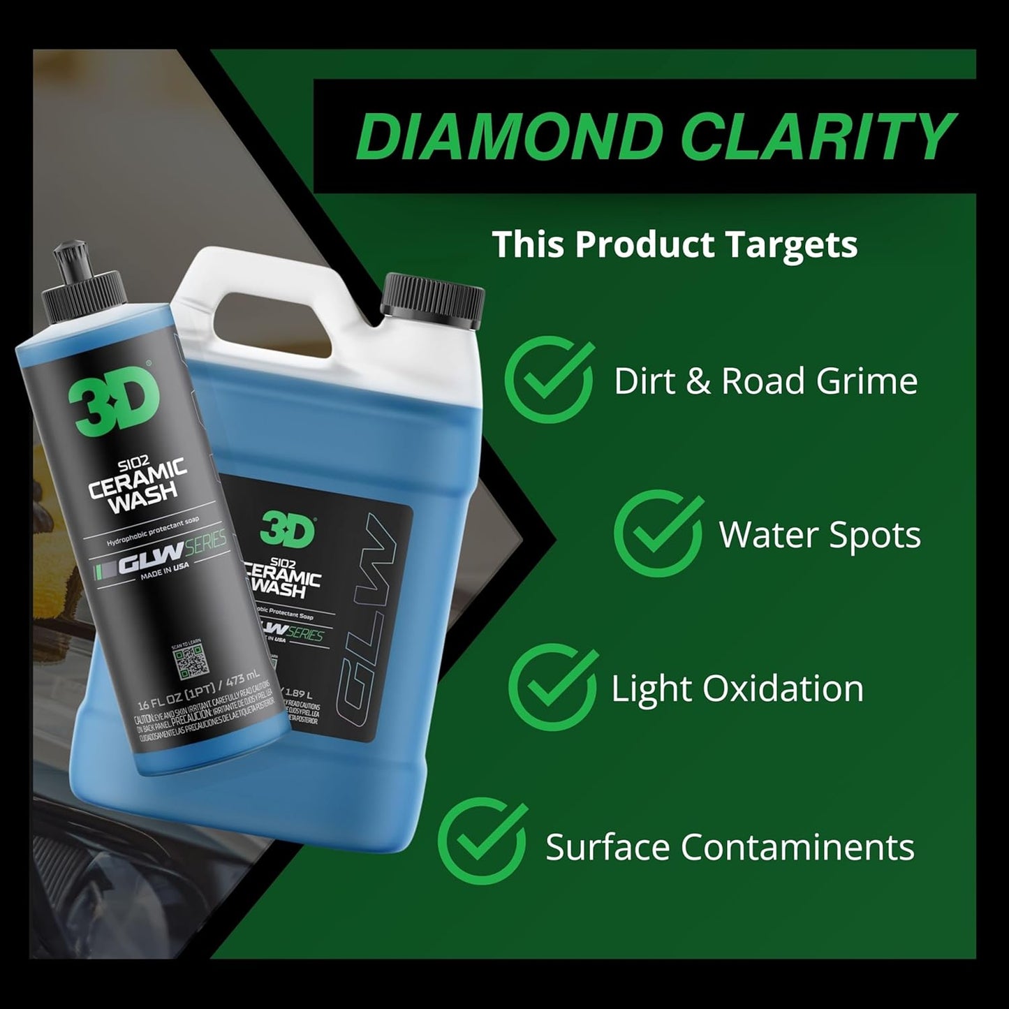 3D SiO2 Ceramic Wash & Wax Soap GLW Series – pH Neutral Car Shampoo with Hydrophobic Protection & Deep Gloss | SiO2 Coating | Scratch-Free Detailing |1 Gallon/64 oz