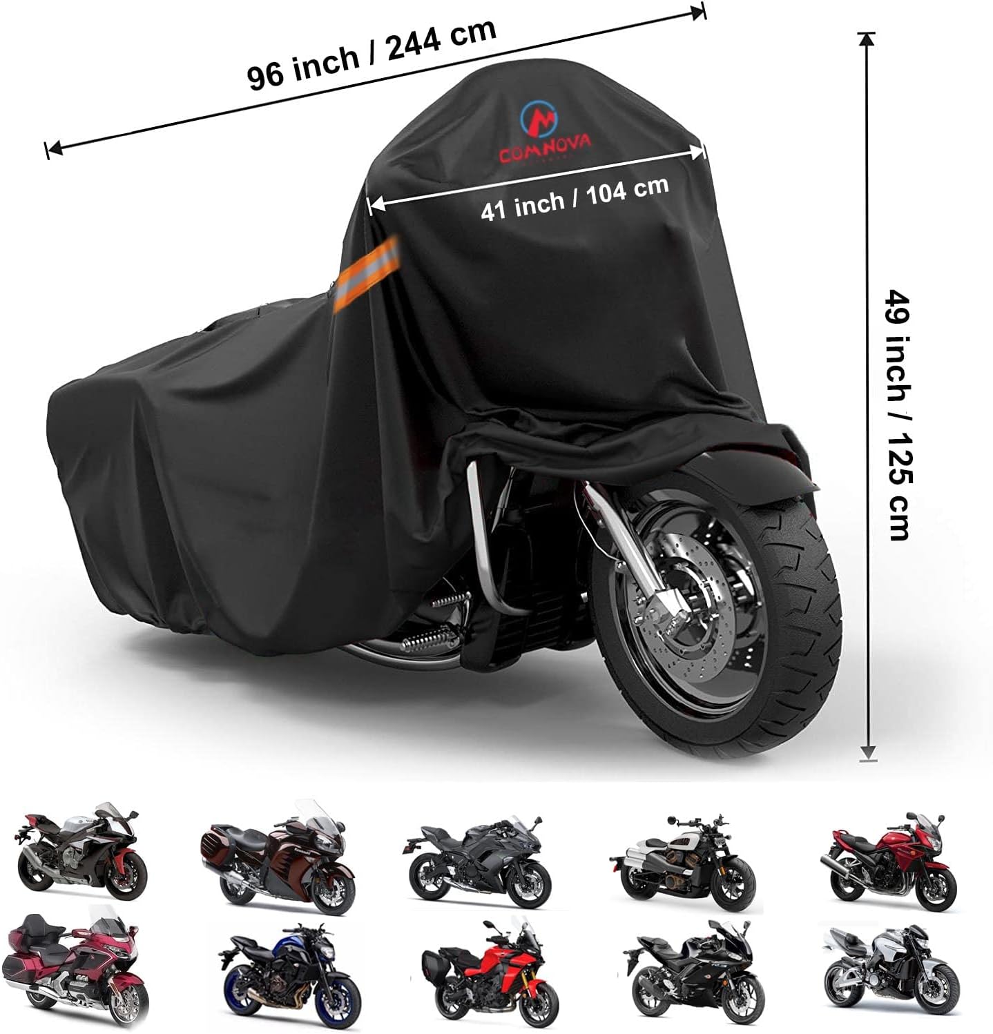 Motorcycle Cover All Season, Universal Waterproof Weather Sun Outdoor Protection Motorbike Cover, Scooter Shelter, Heavy-Duty Motorcycles Vehicle Cover, Fits Up to 96" Motors