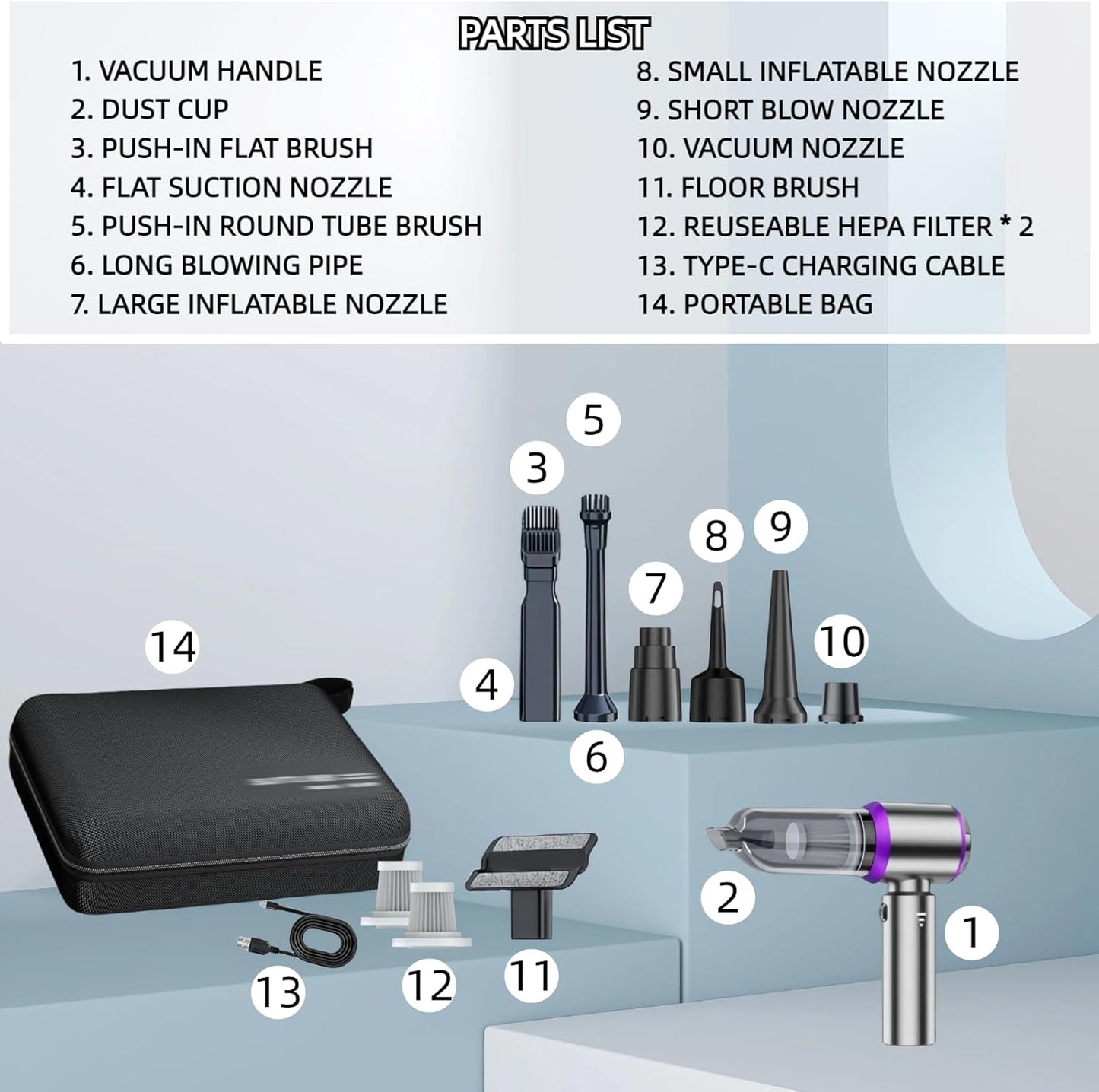 Handheld Car Vacuum Cleaner, 21000PA Rechargeable High Power Cordless Mini Vacuum Cleaner and Blower 4-in-1 with 3 Gear, Vacuum with Brushless Motor for Car, Home, Office, PC