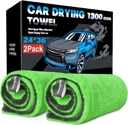 2 Pack XL Car Drying Towel – 1300GSM Ultra Absorbent Microfiber, 24"x36" Large Size, Twisted Loop, Lint-Free & Streak-Free for Auto Detailing, Car, SUV, Truck (Gray-Green)