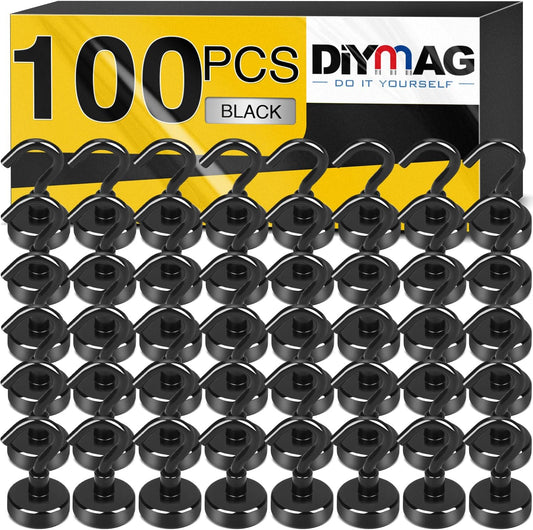 DIYMAG Magnetic Hooks, 30Lbs Strong Heavy Duty Cruise Magnet S-Hooks for Classroom, Fridge, Hanging, Cabins, Grill, Kitchen, Garage, Workplace and Office Etc, (100 Pack-Black)