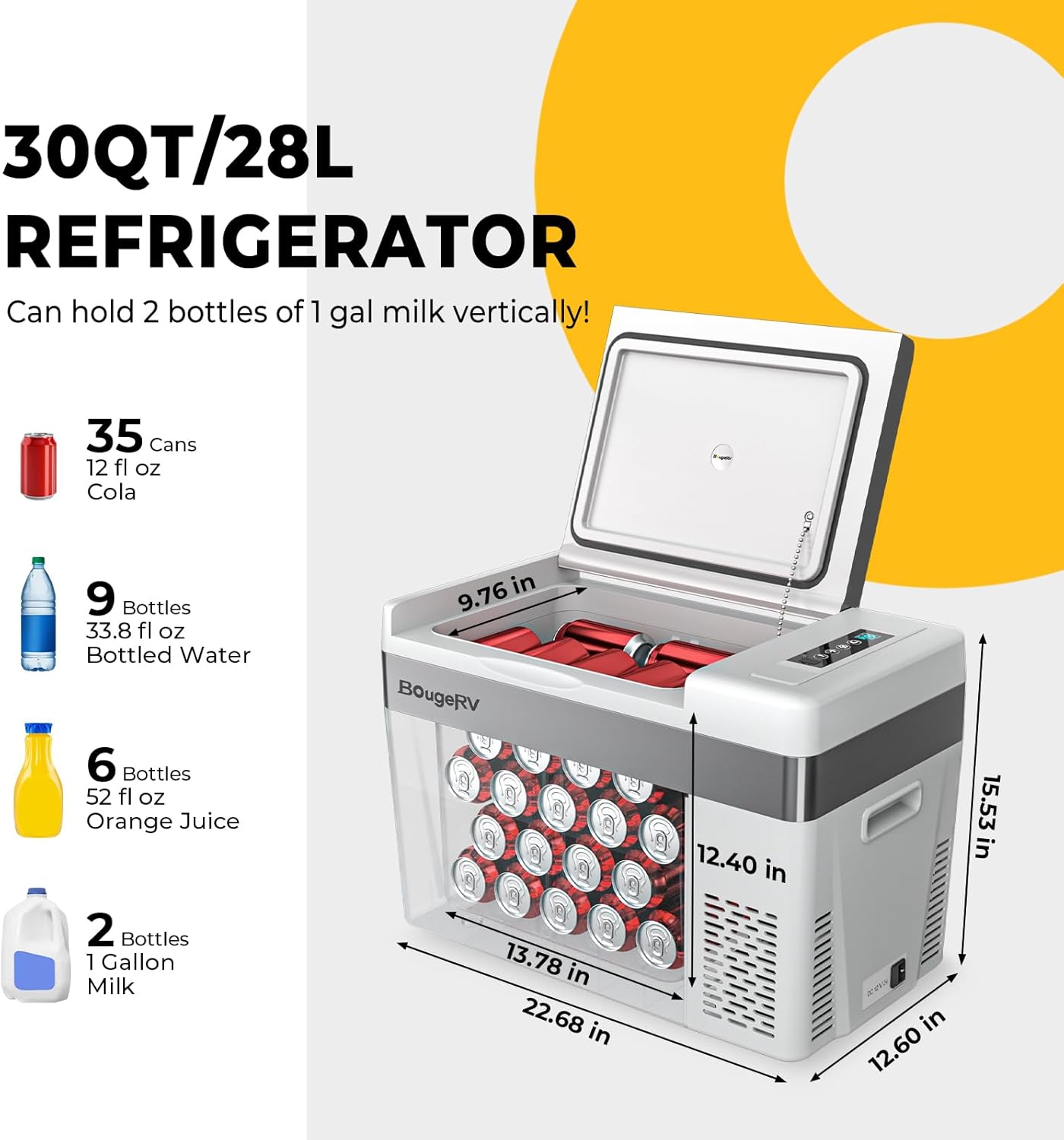 BougeRV 12 Volt Refrigerator 12V Car Fridge 30 Quart Portable Freezer Compressor Cooler -8℉~50℉ Compressor Freezer, 12/24V DC 110~240 Volt AC, for Truck RV SUV