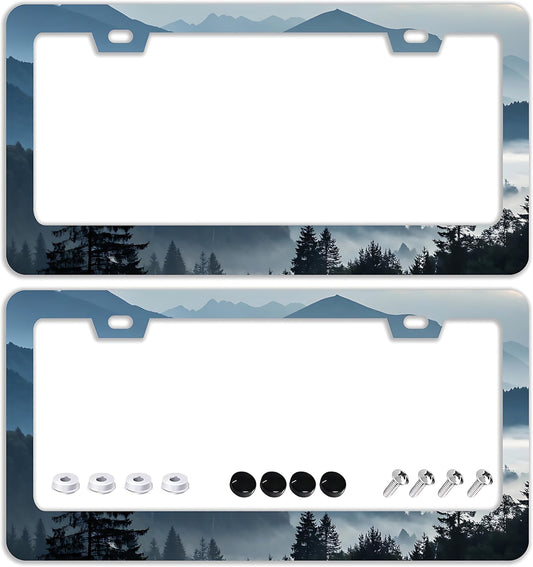 Mountains Forest License Plate Frames - 2 Pcs Set 2 Holes Stainless Steel Metal Novelty Auto Car Accessories Decoration License Plate Frame Cover Size 6.3" x 12.2" Fit US Vehicles for Women Men Gift