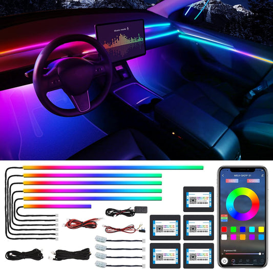 Acrylic Interior Car LED Strip Light with Wireless APP, Dreamcolor RGB 10 in 1 with 175 inches 600 LEDs Fiber Optic Car Ambient Lighting Kits, Dual Zone Sound Active Function LED Strip for Car