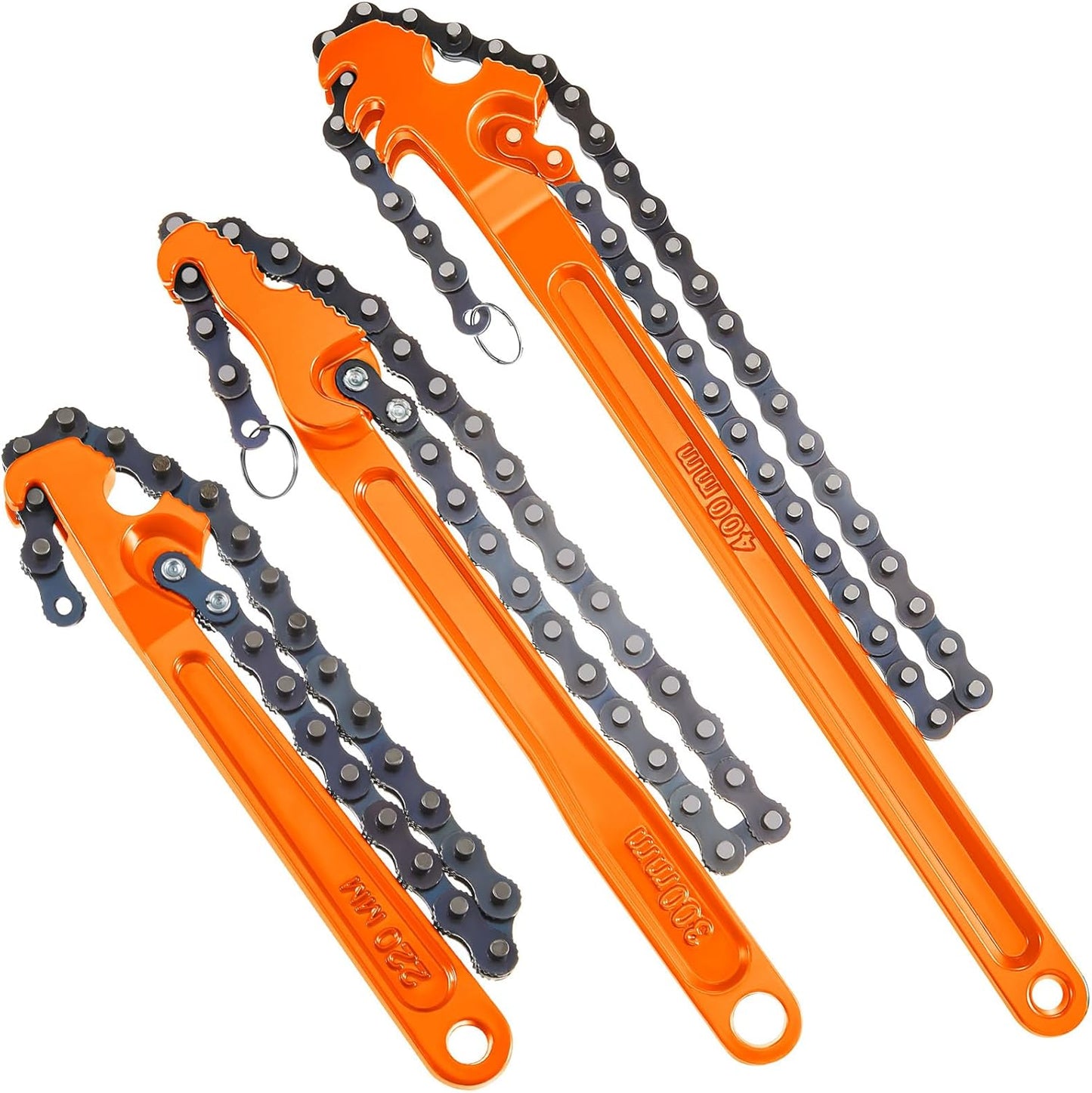 Lasnten 3 Pcs Large Reversible Chain Oil Filter Wrench with 12 16 9 Inch Chain Wrench Adjustable Heavy Duty Carbon Steel Sturdy Pipe Fitting Tool Spanner for Ratcheting Universal(Orange)