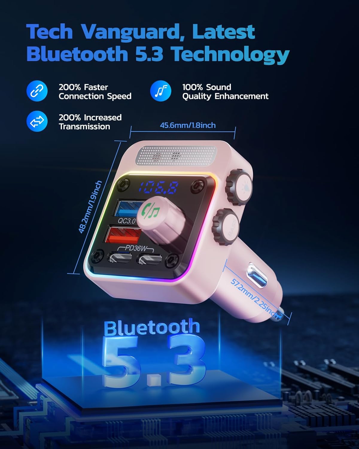 Nulaxy 54W Bluetooth 5.3 Car Adapter with 4 Charging Ports [PD 36W & QC3.0 18W], Wireless Radio FM Transmitter with Deep Bass Player & 5 Colors LED Backlit, Hands-Free Calling - Pink