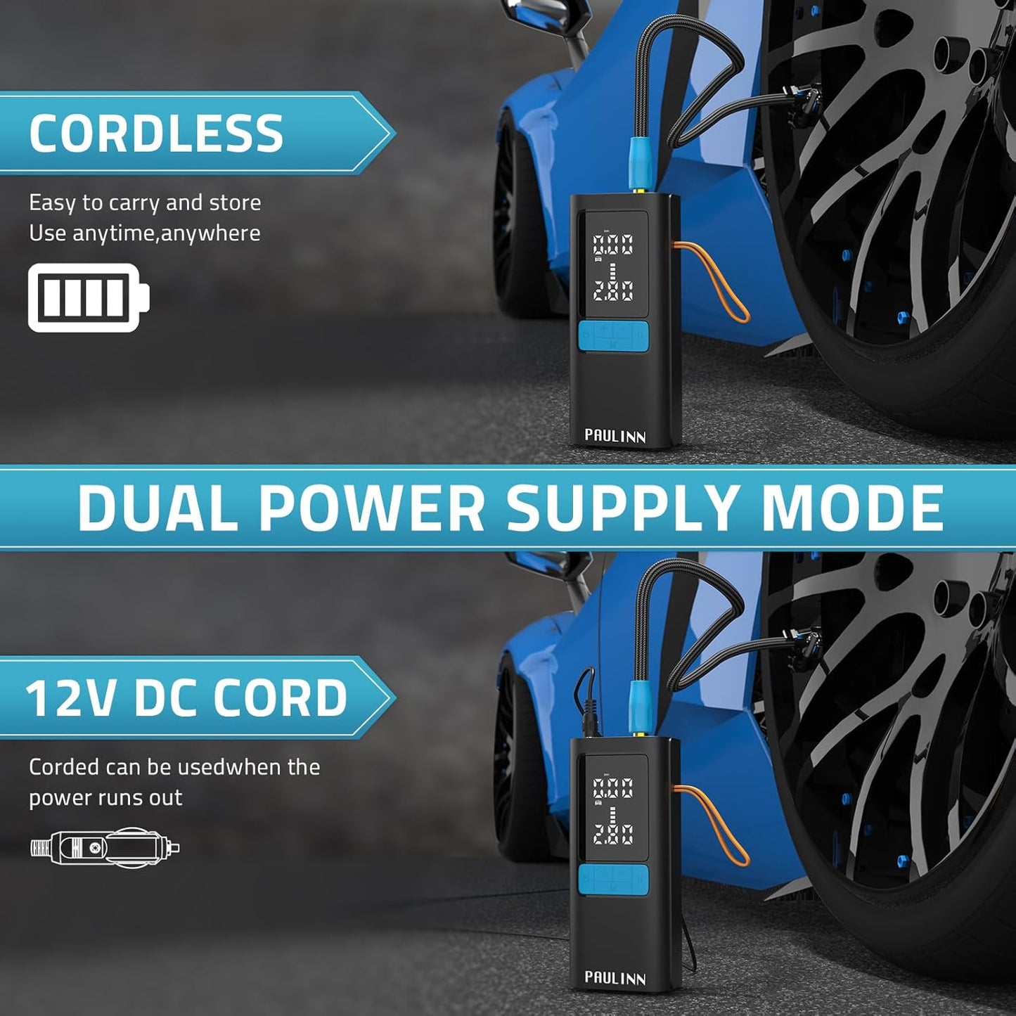 Tire Inflator Portable Air Compressor, 3X Faster 150 PSI 15000mAh Cordless Air Pump for Car with Gauge Dual LCD Display, LED Light & Auto Shut-Off, Portable Tire Inflator for Car/Motor/Bicycle/Ball