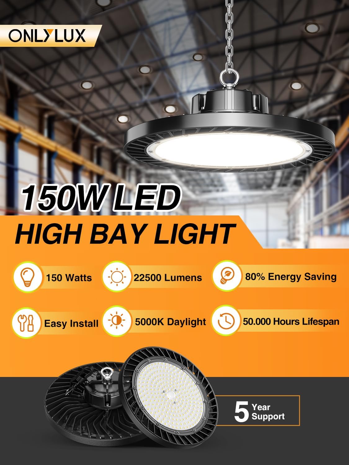 UFO LED High Bay Lights 5000K 150W 6 Pack, Led Shop Lights Commercial Bay Lighting for Garage Workshop Warehouse, Super Bright Daylight, 22500 LM, 120V, Power Cord Included