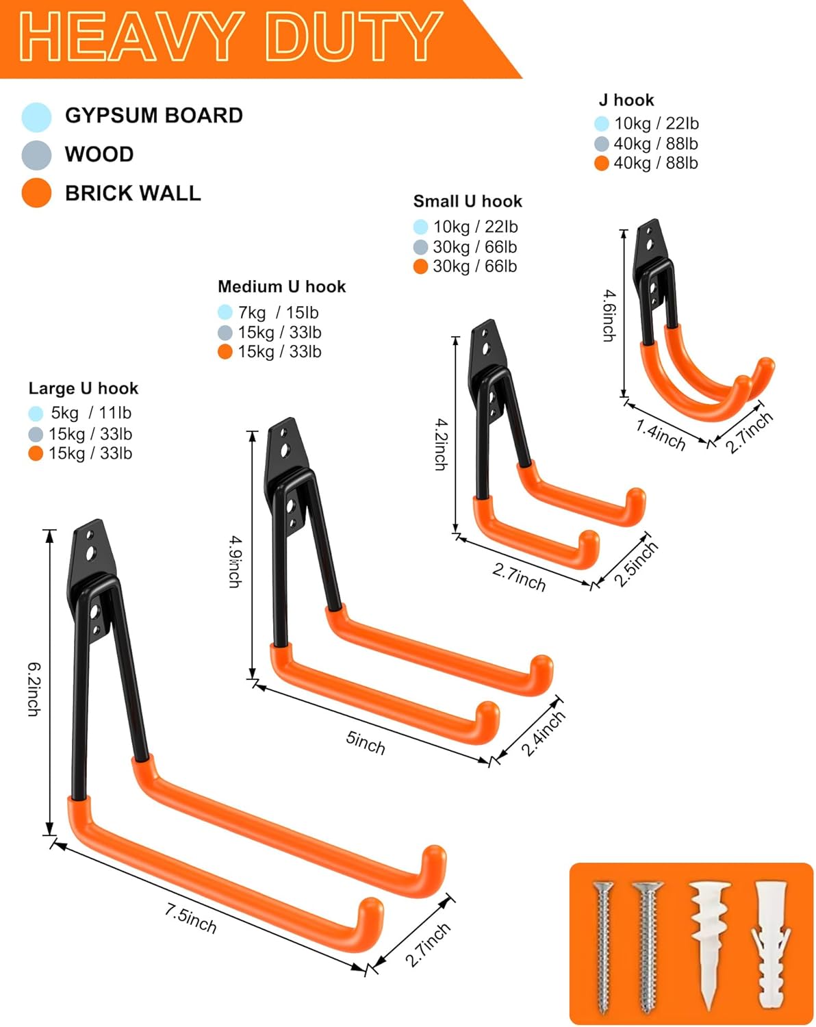 QcoQce 9 Pack Heavy Duty Hooks, Garage Wall Storage for Hanging and Organizing Tools, Bikes, Ladders, Ropes, Garden Tools and Bulky Items (Orange)