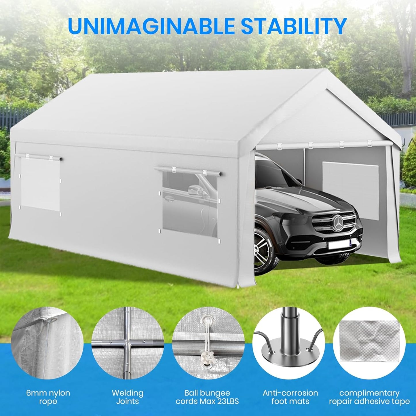 Carport 10x20 FT Heavy Duty, Outdoor Portable Garage with Removable Sidewalls & Doors, Waterproof, UV-Resistant Canopy Shelter for Vehicles, Boats, RVs, Trucks, All-Season Car Port,White