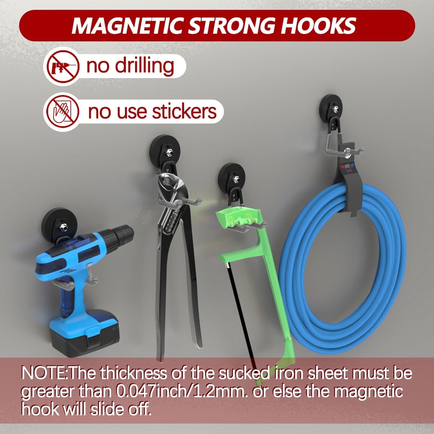 3-H Heavy Duty Magnet Garage Hooks 4 Pack, Large Strong Magnetic Hooks for Hanging Cordless Power Drill, Utility Magnetic Tool Holder for Metal Cabinet, Steel Pegboard, Toolbox, Garage(Grey)