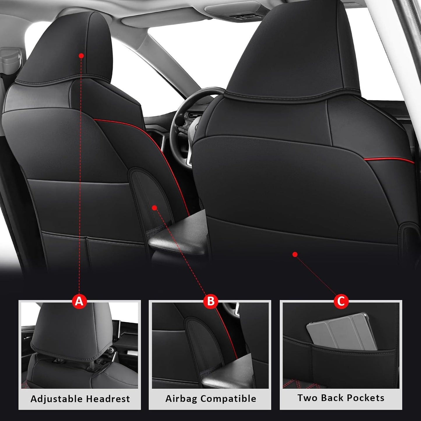 MIROZO Seat Covers for Rav4,Non-Hybrid Toyota RAV4 Seat Covers Car Seat Cover Compatible with 2019-2025 Toyota RAV4 LE,XLE,XLE Premium,Limited (Black and Red,Not for Hybrid,Adventure&TRD-Off)